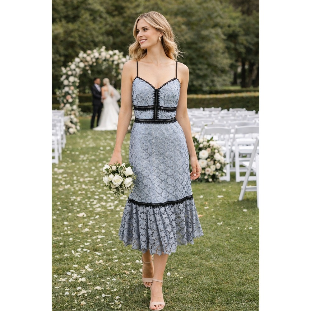 Jill Jill Stuart Blue Lace Tiered Midi Dress Black Trim 6